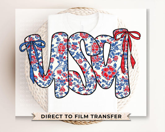 Coquette 4th of July DTF Transfers, Ready to Press, T-shirt Transfers, Heat Transfer, Direct to Film, USA, Ribbon, USA Floral Coquette Bow