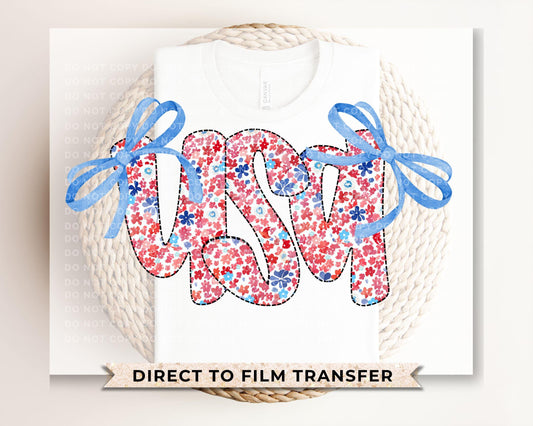 Coquette 4th of July DTF Transfers, Ready to Press, T-shirt Transfers, Heat Transfer, Direct to Film, USA, Ribbon, Bows, USA Floral Coquette