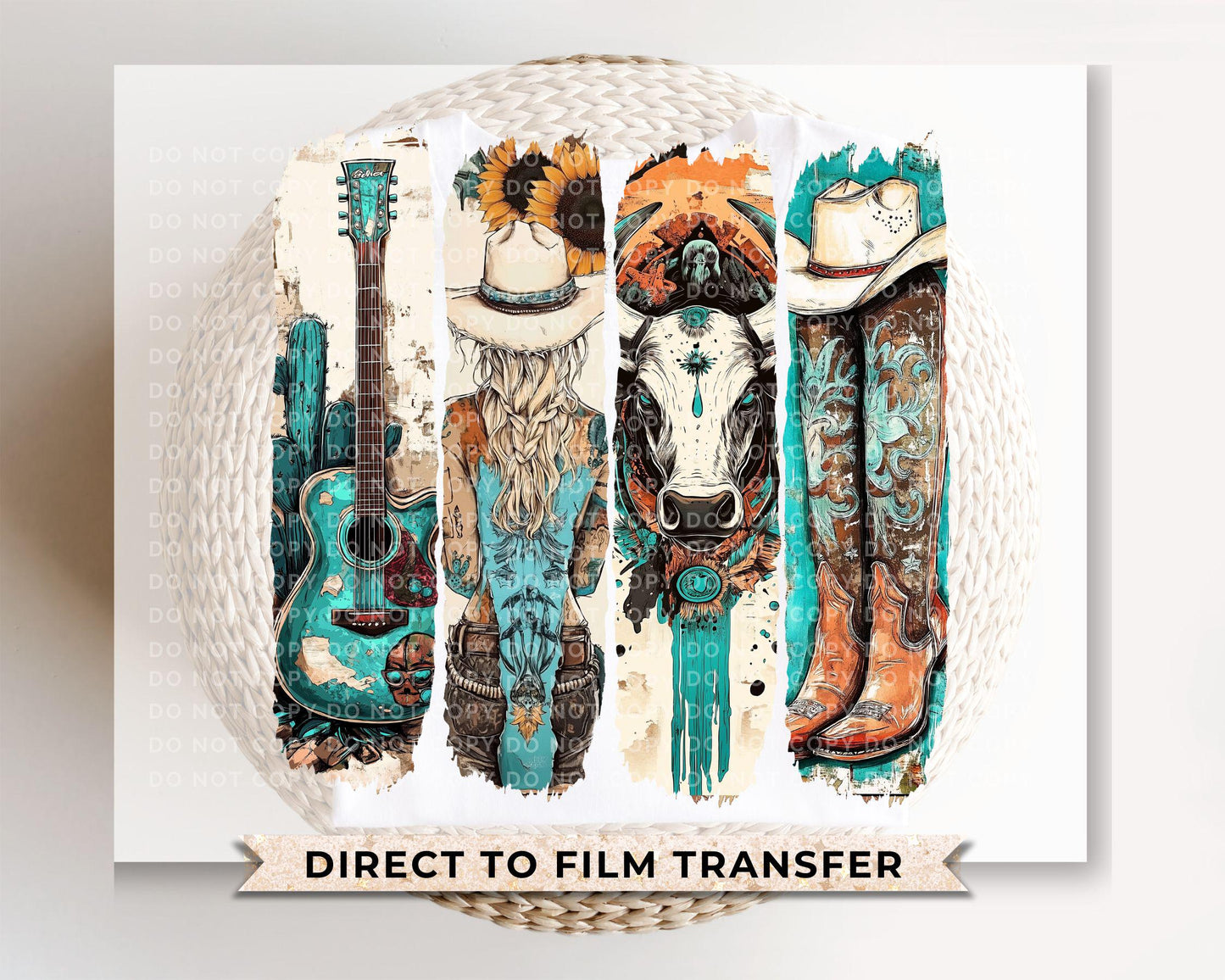 Western Cowgirl DTF Transfer, Ready to Press, T-shirt Transfers Heat Transfer, Direct to Film, Cowboy Boots, Country, Turquoise, Sunflower