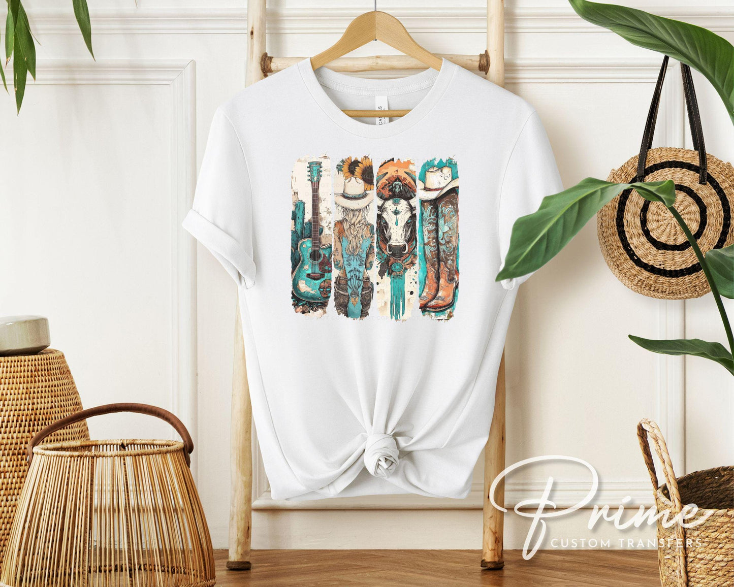 Western Cowgirl DTF Transfer, Ready to Press, T-shirt Transfers Heat Transfer, Direct to Film, Cowboy Boots, Country, Turquoise, Sunflower