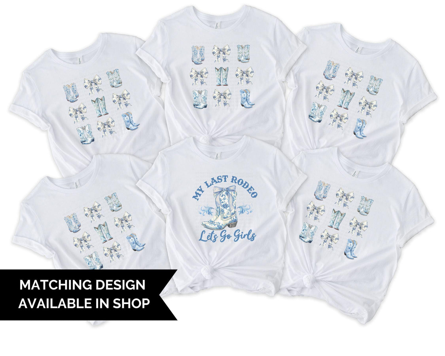 Toile Blue Boots and Bows DTF Transfer, Ready to Press, T-shirt Transfer, Heat Transfer, Direct to Film, Bachelorette, Coquette Bride