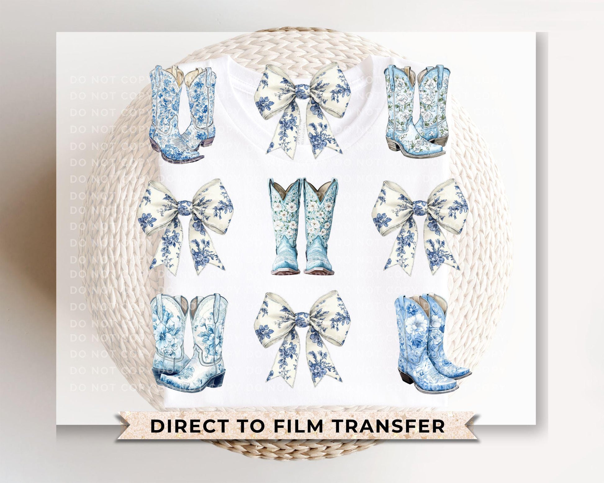 Coquette Cowgirl DTF Transfer, Ready to Press, T-shirt Transfer, Heat Transfer, Direct to Film, Toile Blue Boots and Bows, Girly Western