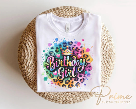 Birthday Girl DTF Transfers, Ready to Press, T-shirt Transfers, Heat Transfer, Direct to Film, Party Squad, Colorful Leopard Birthday