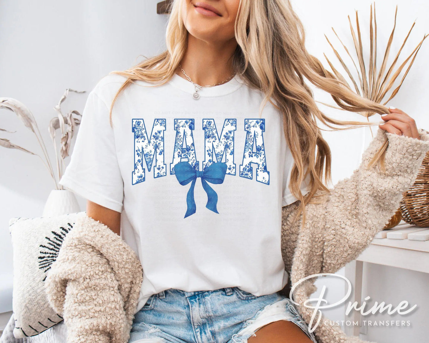 Mother's Day DTF Transfer, Ready to Press, T-shirt Transfer, Heat Transfer, Direct to Film, Gift for Mom Mama Floral Blue Toile Coquette Bow