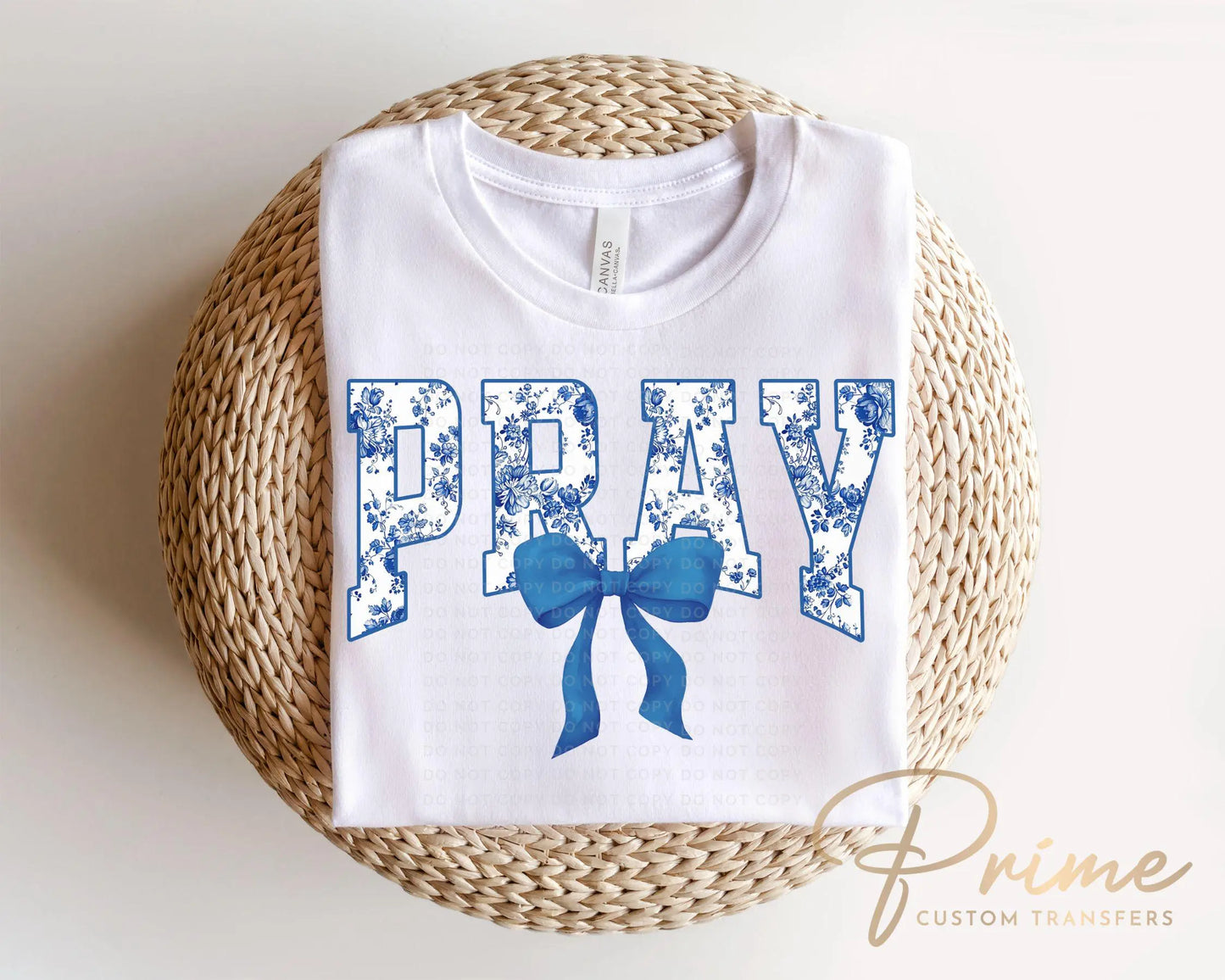 Christian DTF Transfer, Ready to Press, T-shirt Transfer, Heat Transfer, Direct to Film, Bible, Faith, Prayer Floral Blue Toile Coquette Bow