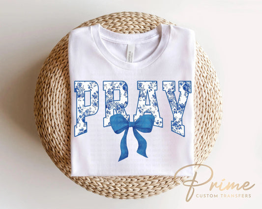 Christian DTF Transfer, Ready to Press, T-shirt Transfer, Heat Transfer, Direct to Film, Bible, Faith, Prayer Floral Blue Toile Coquette Bow