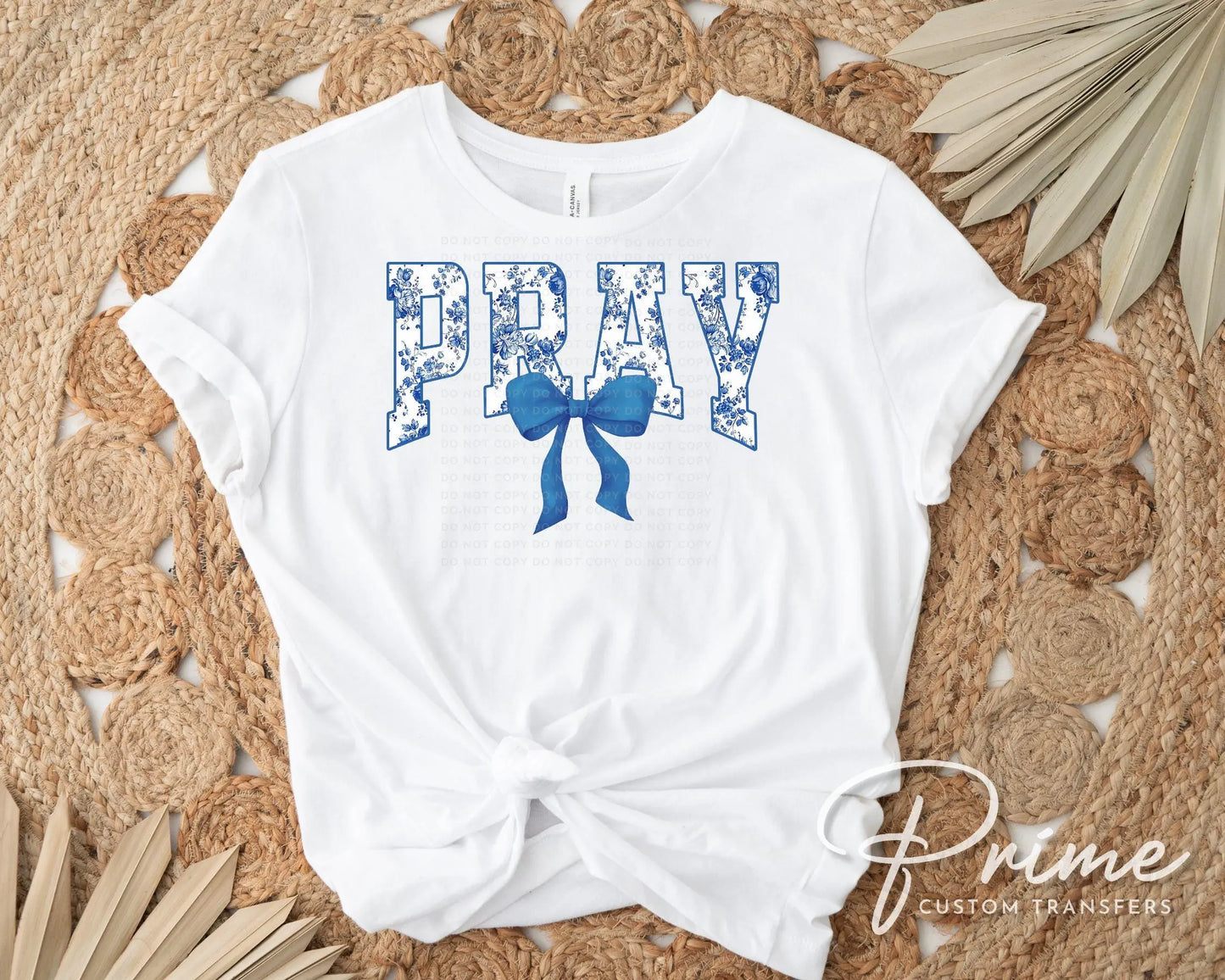 Christian DTF Transfer, Ready to Press, T-shirt Transfer, Heat Transfer, Direct to Film, Bible, Faith, Prayer Floral Blue Toile Coquette Bow