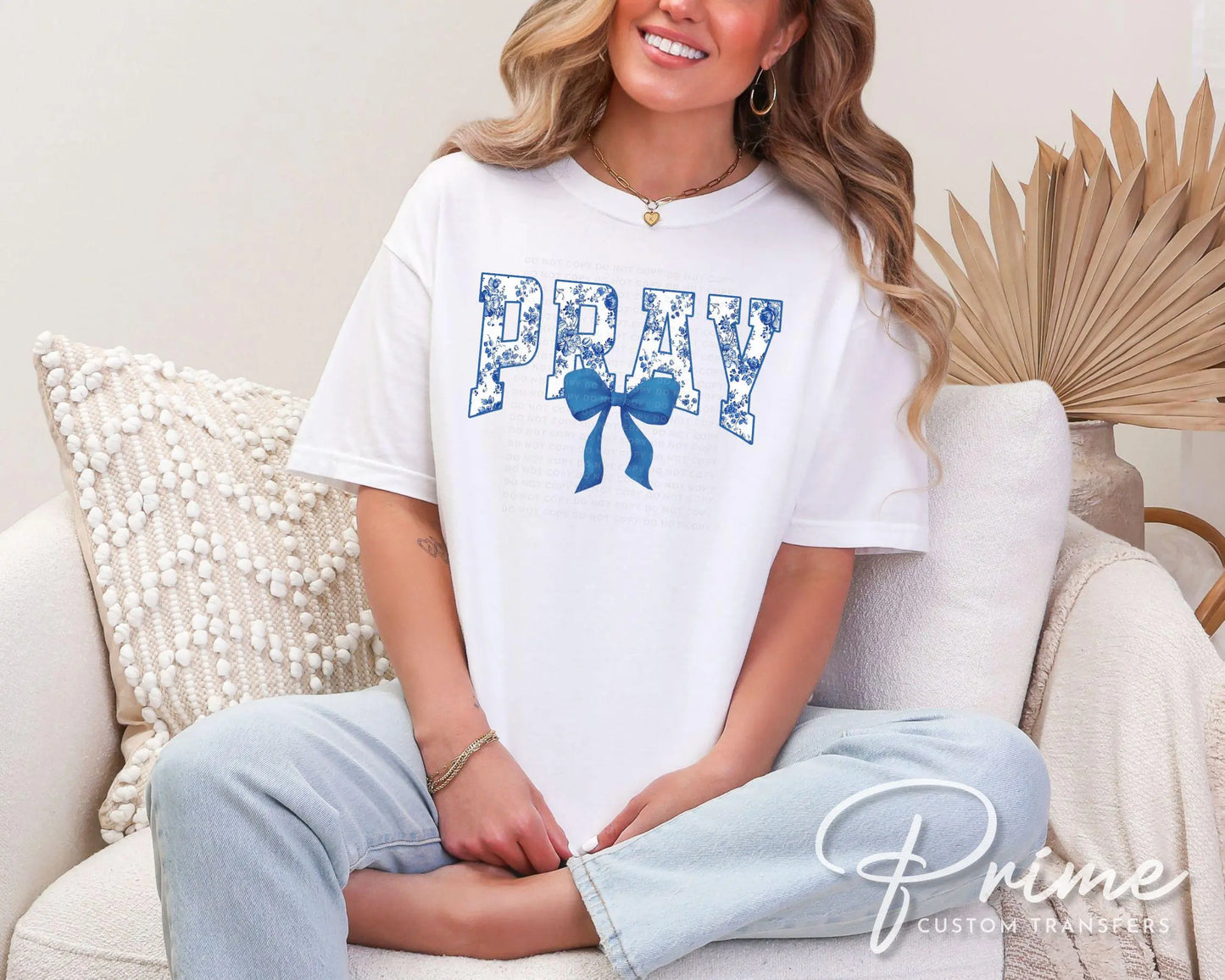 Christian DTF Transfer, Ready to Press, T-shirt Transfer, Heat Transfer, Direct to Film, Bible, Faith, Prayer Floral Blue Toile Coquette Bow
