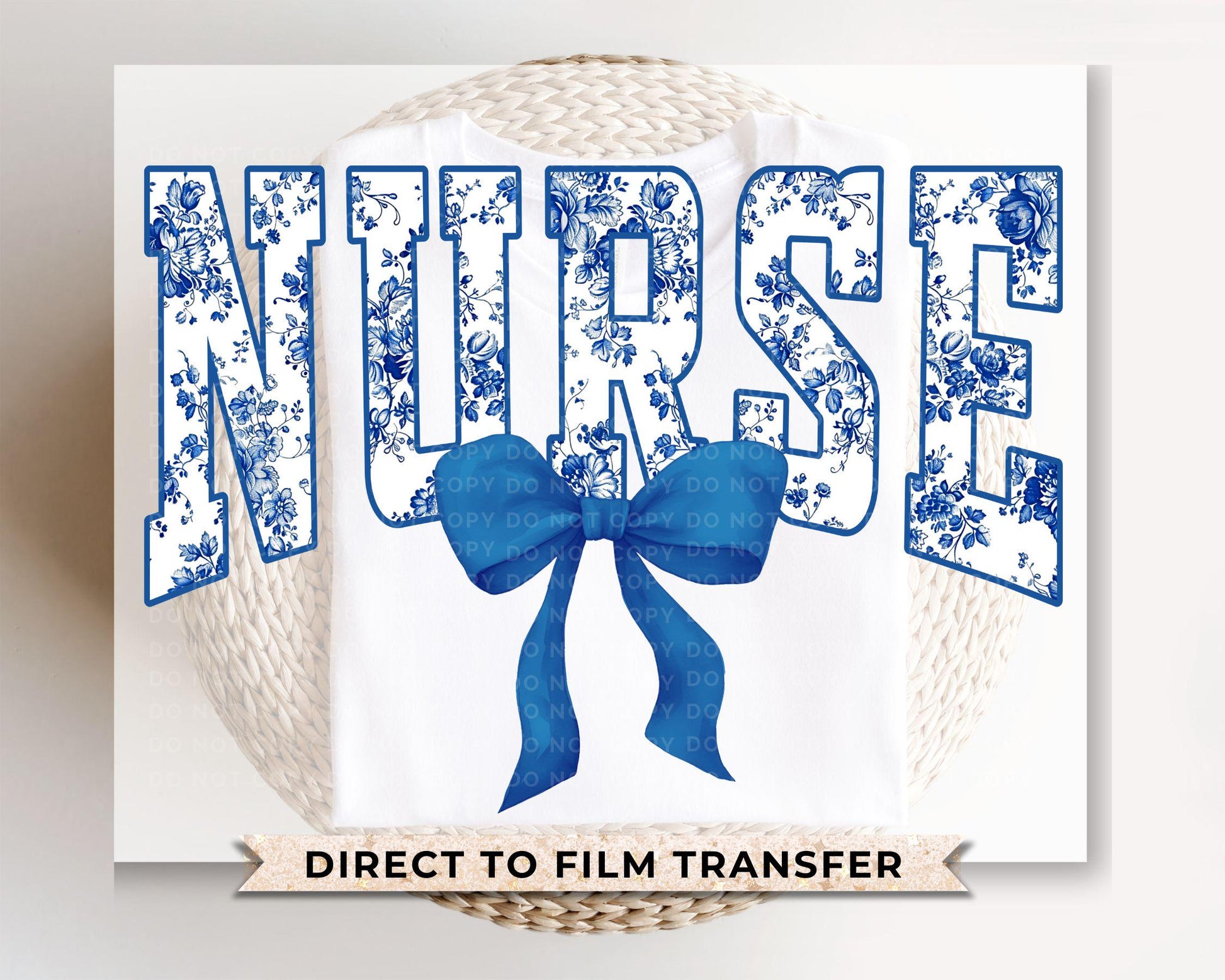 Nurse DTF Transfer, Ready to Press, T-shirt Transfer, Heat Transfer, Direct to Film, Hospital, Stethoscope, Floral Blue Toile Coquette Bow