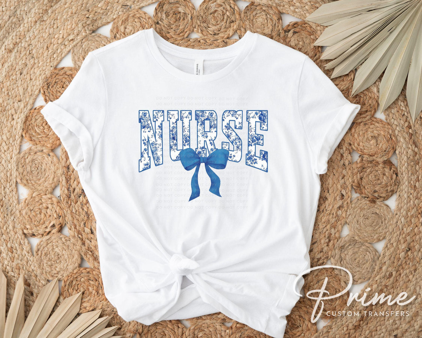 Nurse DTF Transfer, Ready to Press, T-shirt Transfer, Heat Transfer, Direct to Film, Hospital, Stethoscope, Floral Blue Toile Coquette Bow