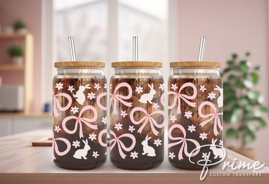 Easter UV DTF Libbey 16oz Cup Wrap Sticker, Ready to Apply, No Heat, Permanent Adhesive, Waterproof, Glass Can Tumbler, Bunnies and Bows