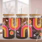 UV DTF Libbey 16oz Cup Wrap Sticker, Ready to Apply, Permanent Adhesive, Waterproof, Glass Can, Spring, Boho Rainbow, 70's Vintage Style