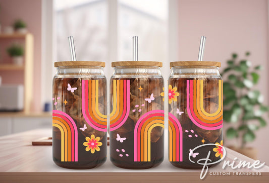 UV DTF Libbey 16oz Cup Wrap Sticker, Ready to Apply, Permanent Adhesive, Waterproof, Glass Can, Spring, Boho Rainbow, 70's Vintage Style