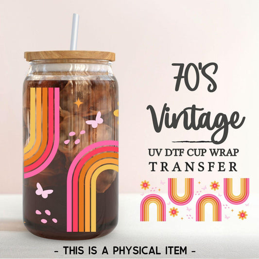 UV DTF Libbey 16oz Cup Wrap Sticker, Ready to Apply, Permanent Adhesive, Waterproof, Glass Can, Spring, Boho Rainbow, 70's Vintage Style