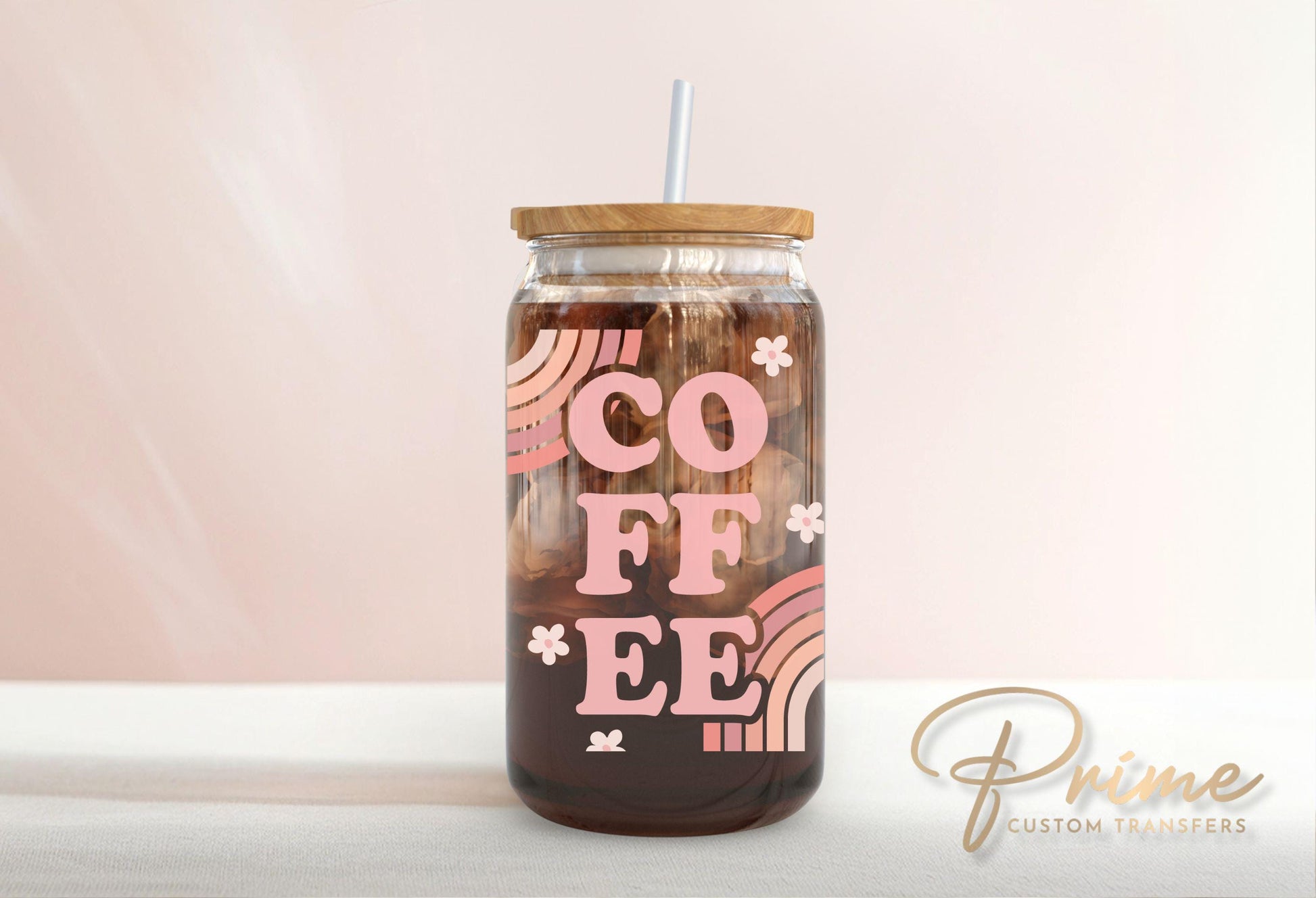 UV DTF Libbey 16oz Cup Wrap Sticker, Ready to Apply, No Heat, Permanent Adhesive, Waterproof, Glass Can, Rainbow, Mom Life, Boho Coffee