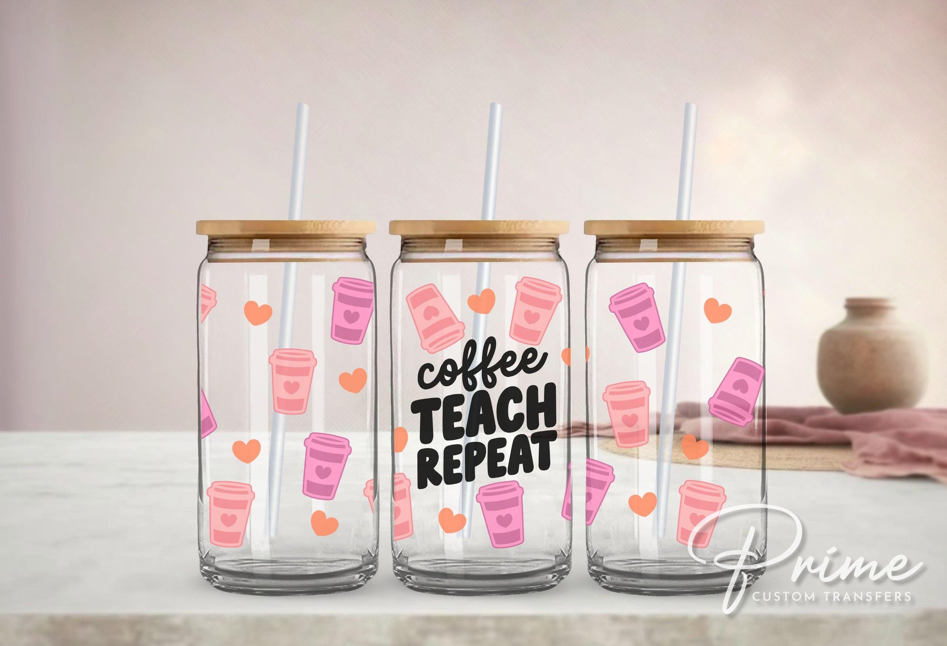 UV DTF Libbey 16oz Cup Wrap Sticker, Ready to Apply, No Heat, Permanent Adhesive, Waterproof, Glass Can, Back to School, Coffee Teacher Gift