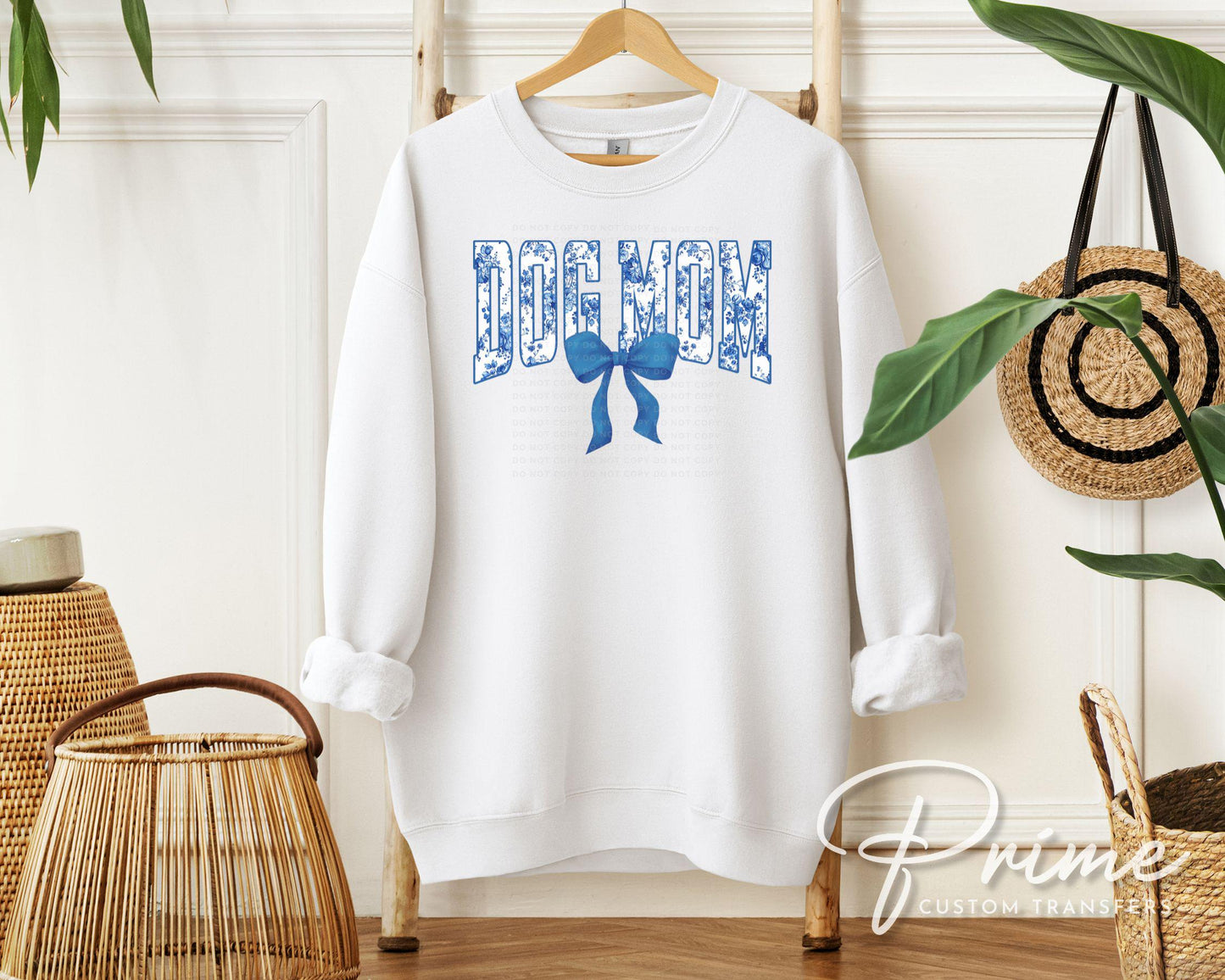 Dog Mom DTF Transfers, Ready to Press, T-shirt Transfers, Heat Transfer, Direct to Film, Pets, Dog, Mama, Floral Blue Toile Coquette Bow