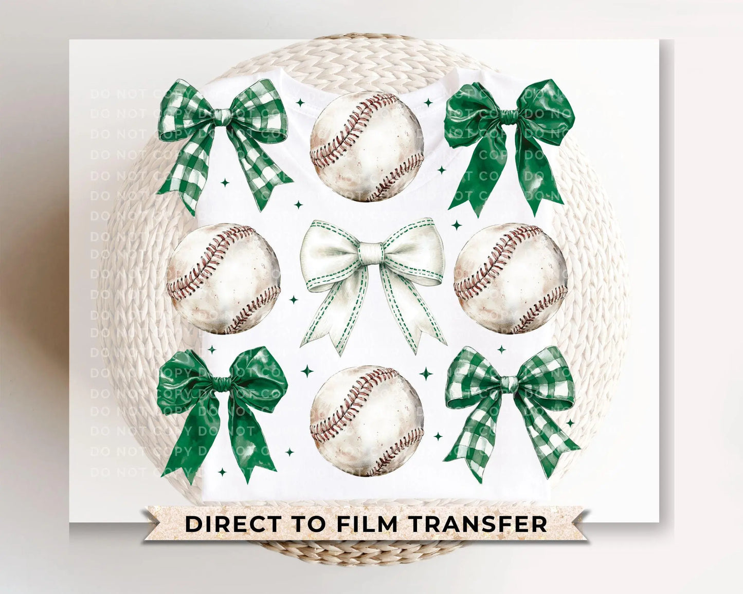 Baseball DTF Transfer, Ready to Press, T-shirt Transfer, Heat Transfer, Direct to Film, Sport Mama Apparel,Green Coquette Baseballs and Bows