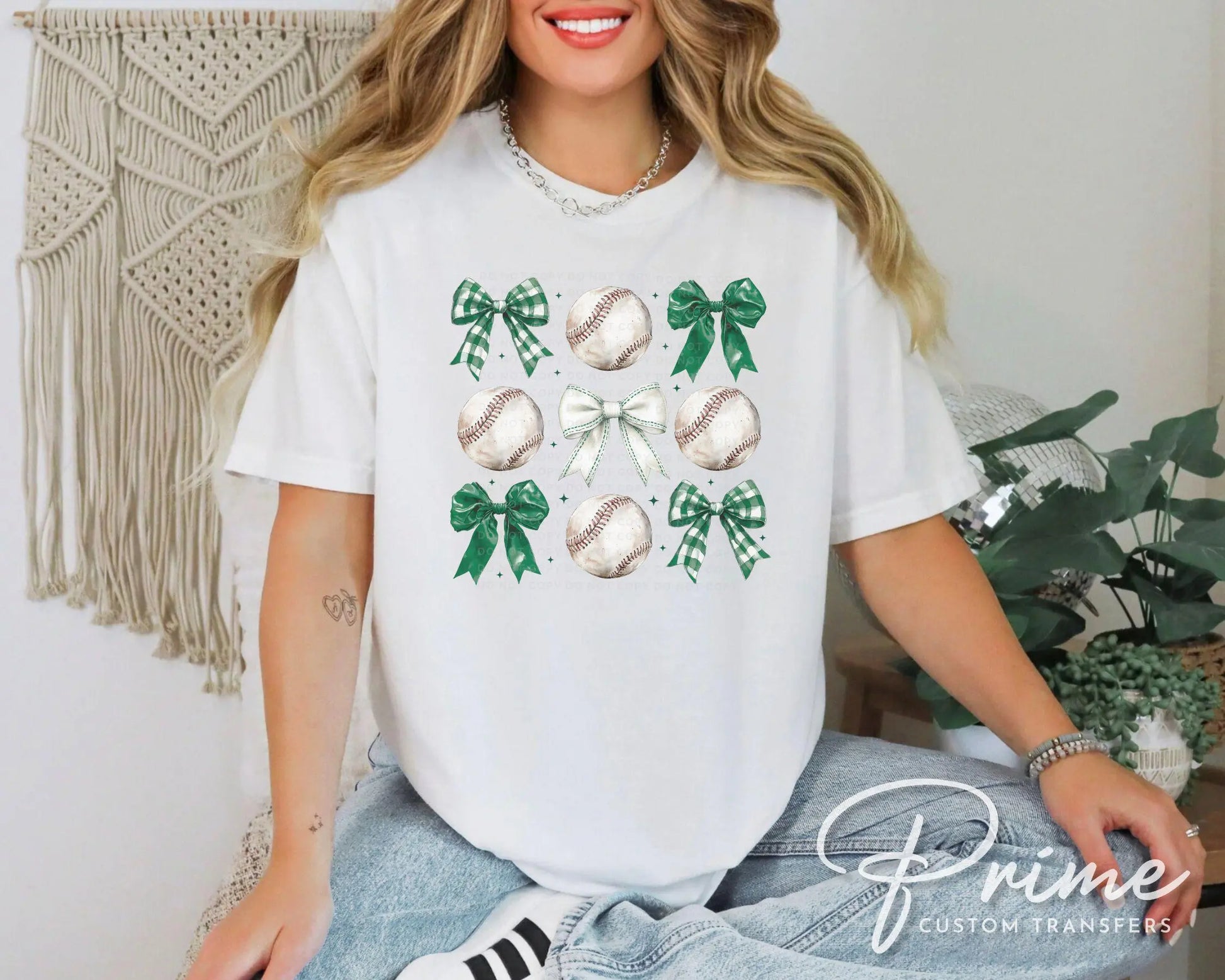 Baseball DTF Transfer, Ready to Press, T-shirt Transfer, Heat Transfer, Direct to Film, Sport Mama Apparel,Green Coquette Baseballs and Bows