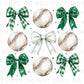Baseball DTF Transfer, Ready to Press, T-shirt Transfer, Heat Transfer, Direct to Film, Sport Mama Apparel,Green Coquette Baseballs and Bows