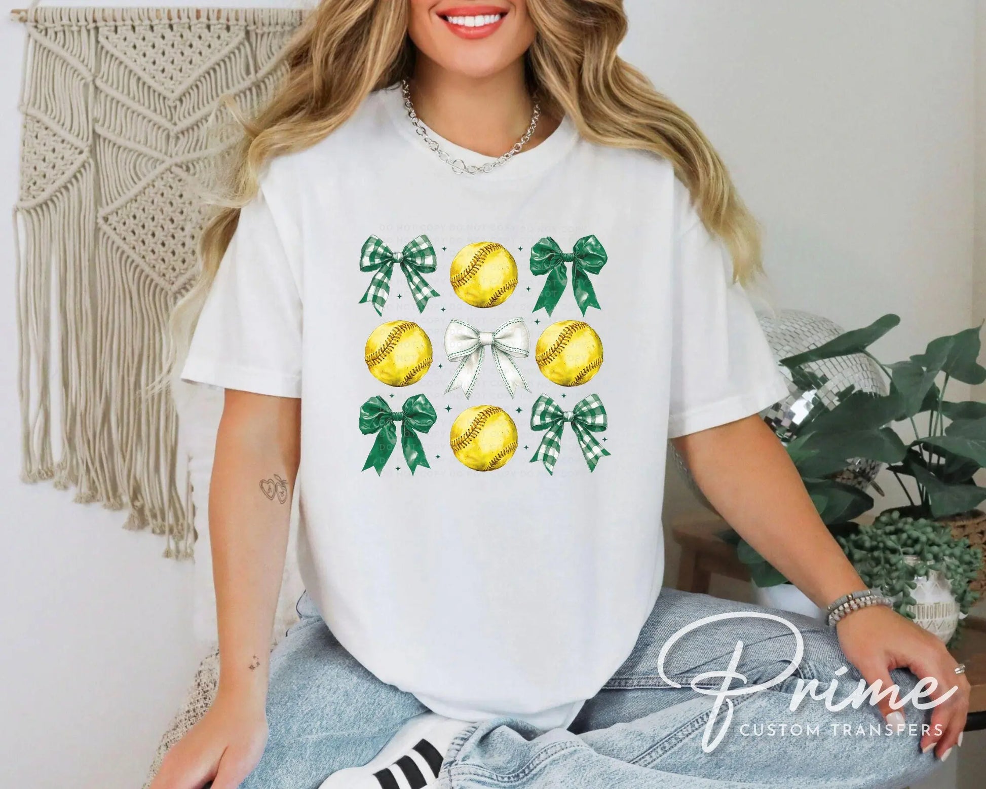 Softball DTF Transfers, Ready to Press, T-shirt Transfers, Heat Transfer, Direct to Film, Sports Mom, Softballs and Green Bows, Coquette