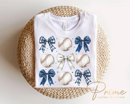 Baseball DTF Transfer, Ready to Press, T-shirt Transfer, Heat Transfer, Direct to Film, Sport Mama Apparel, Blue Coquette Baseballs and Bows