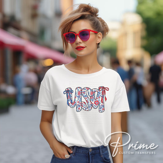 Coquette 4th of July DTF Transfers, Ready to Press, T-shirt Transfers, Heat Transfer, Direct to Film, USA, Ribbon, USA Floral Coquette Bow