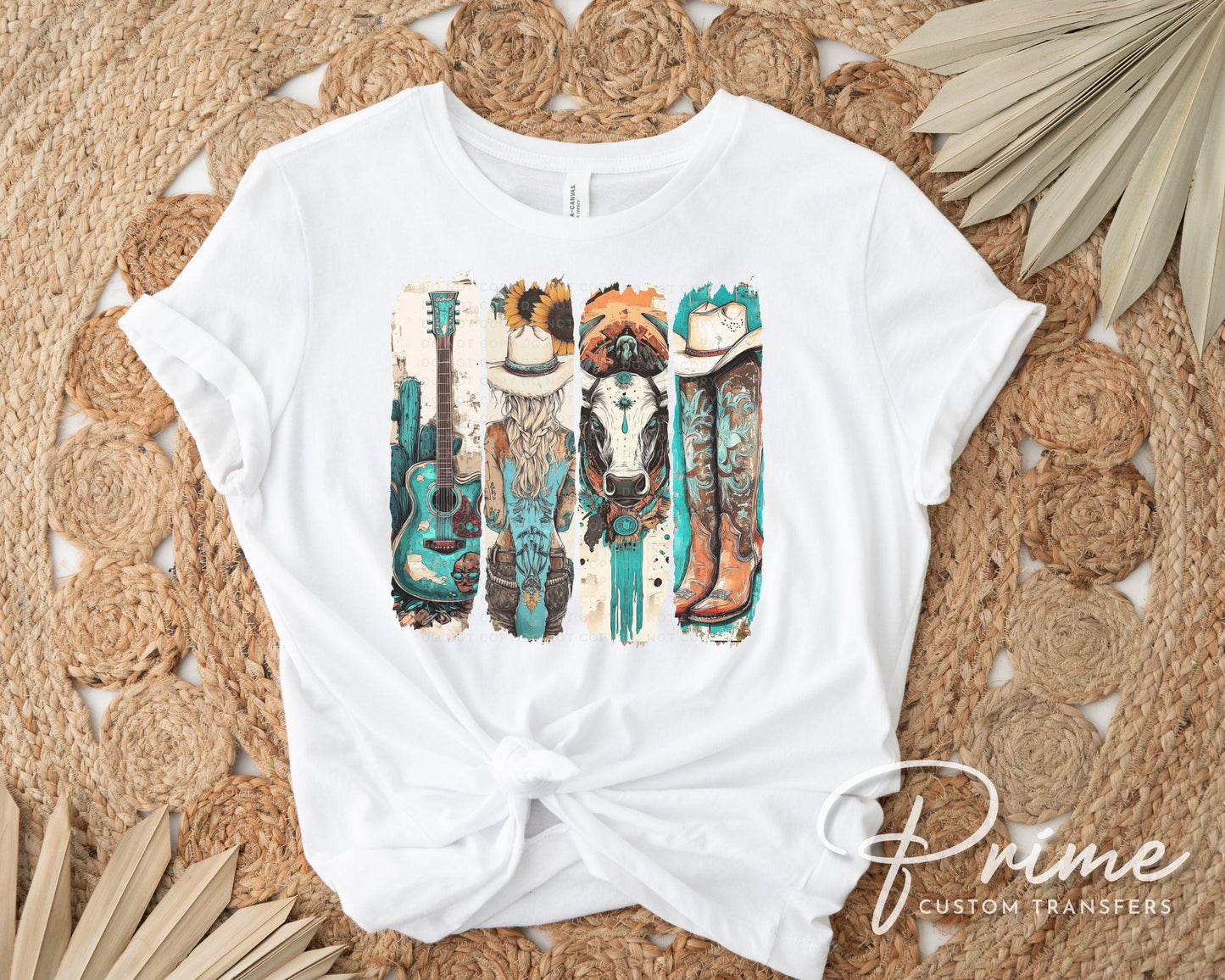 Western Cowgirl DTF Transfer, Ready to Press, T-shirt Transfers Heat Transfer, Direct to Film, Cowboy Boots, Country, Turquoise, Sunflower