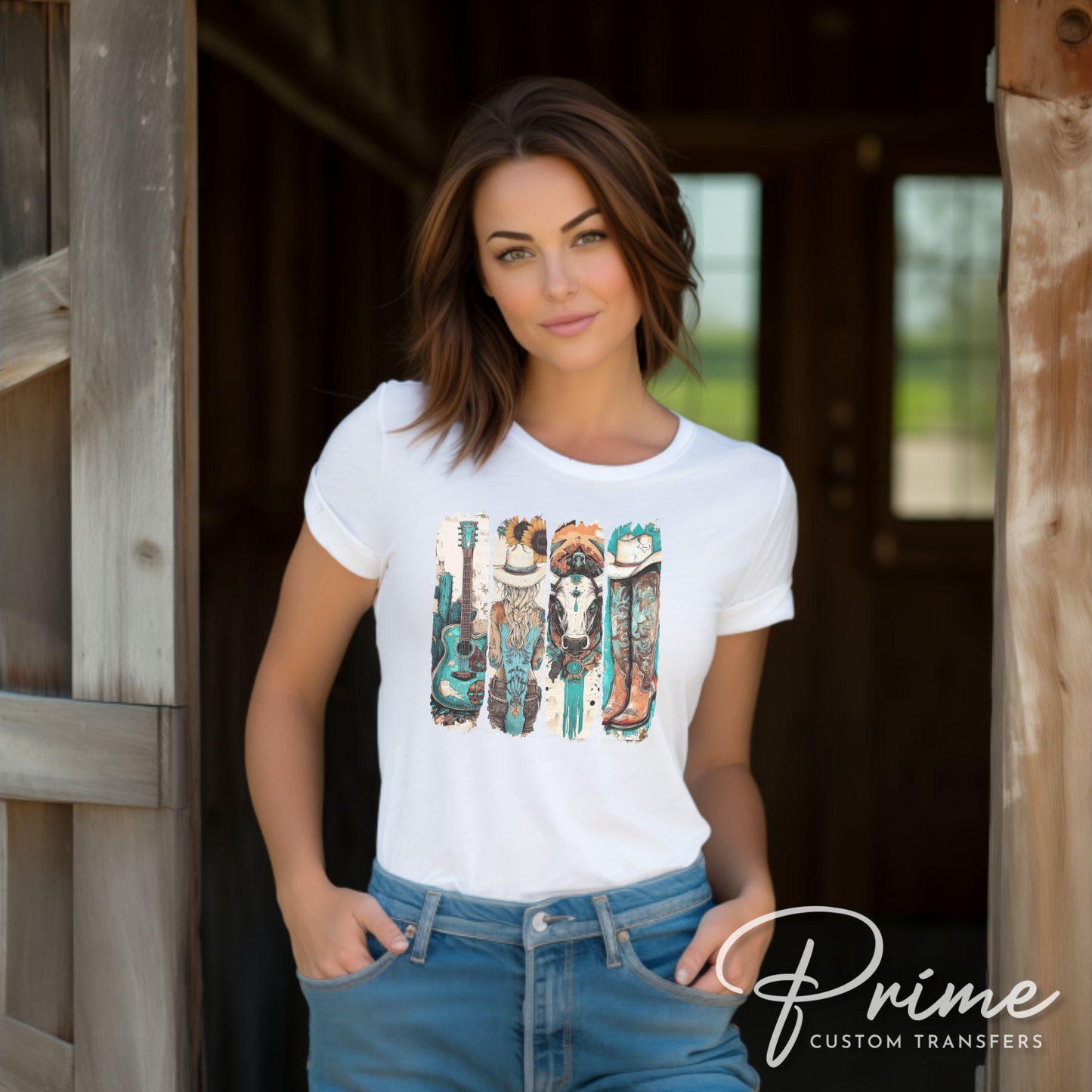 Western Cowgirl DTF Transfer, Ready to Press, T-shirt Transfers Heat Transfer, Direct to Film, Cowboy Boots, Country, Turquoise, Sunflower