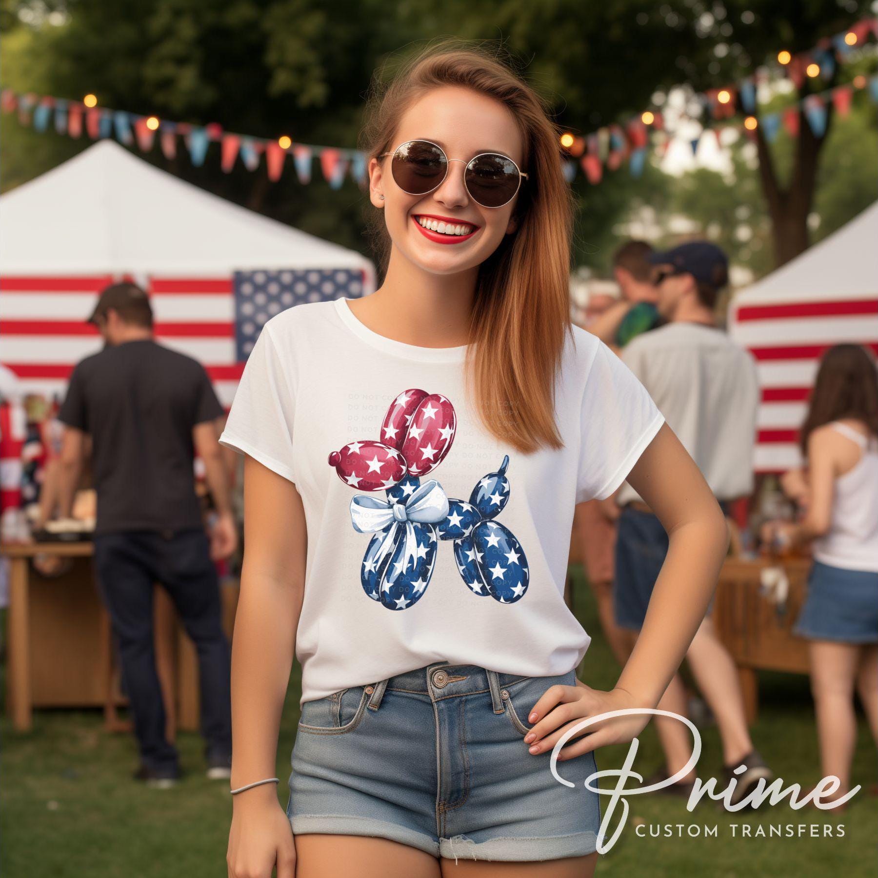 Patriotic Stars Balloon Dog DTF Transfers, Ready to Press, T-shirt Transfers, Heat Transfer, Direct to Film, Memorial Day, Fourth of July