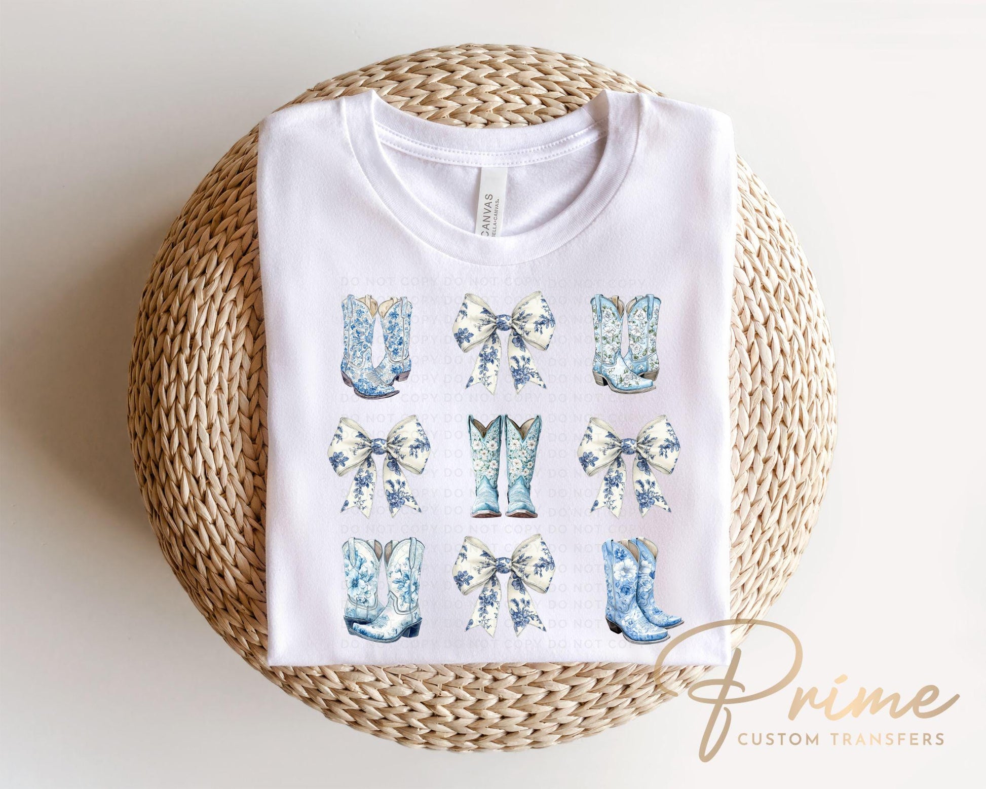 Toile Blue Boots and Bows DTF Transfer, Ready to Press, T-shirt Transfer, Heat Transfer, Direct to Film, Bachelorette, Coquette Bride