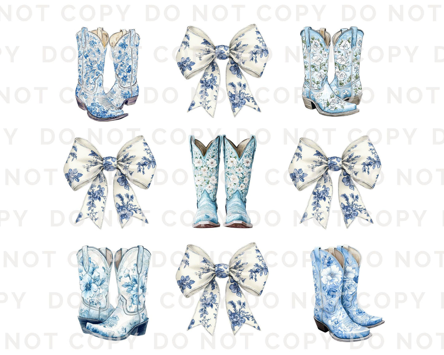 Toile Blue Boots and Bows DTF Transfer, Ready to Press, T-shirt Transfer, Heat Transfer, Direct to Film, Bachelorette, Coquette Bride