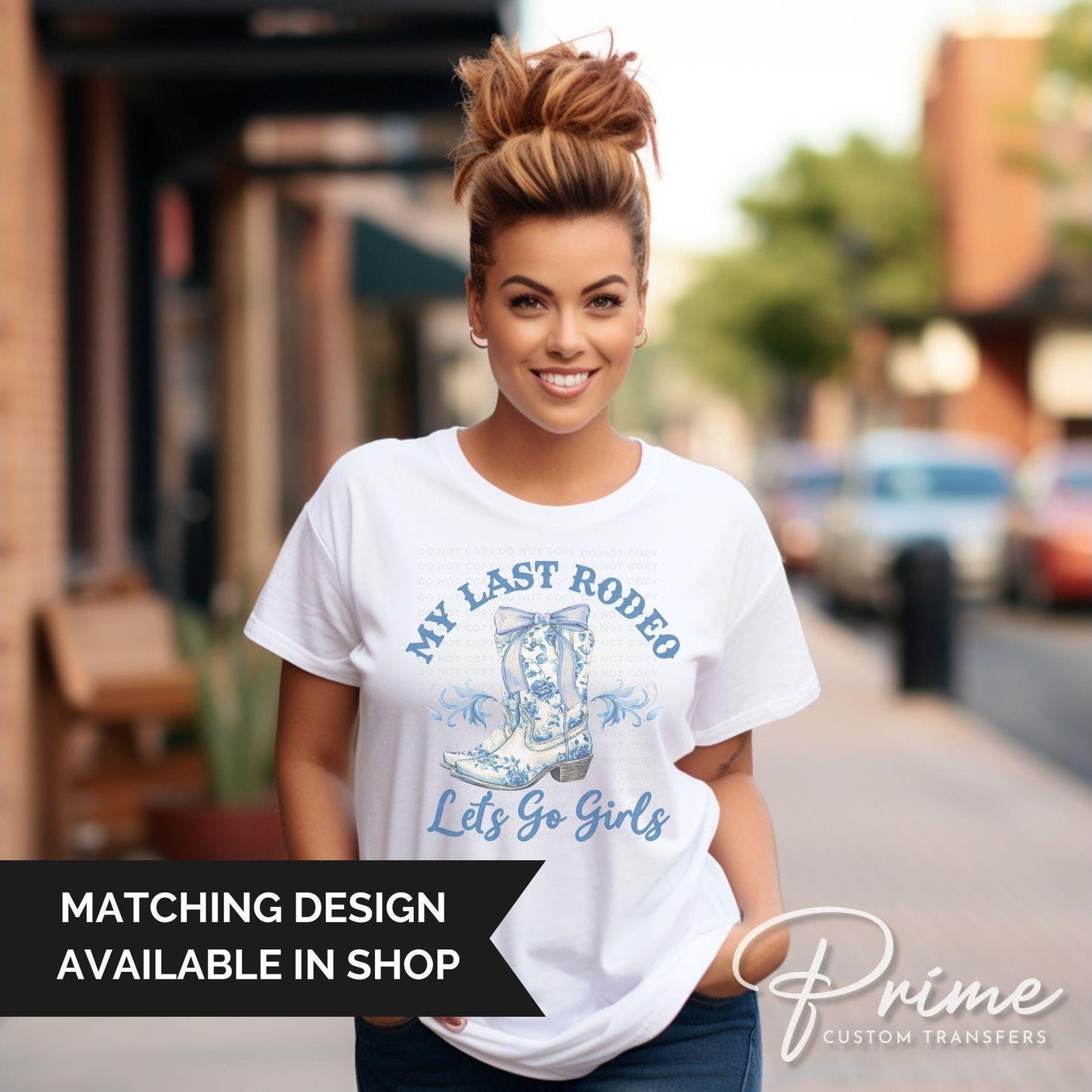 Toile Blue Boots and Bows DTF Transfer, Ready to Press, T-shirt Transfer, Heat Transfer, Direct to Film, Bachelorette, Coquette Bride