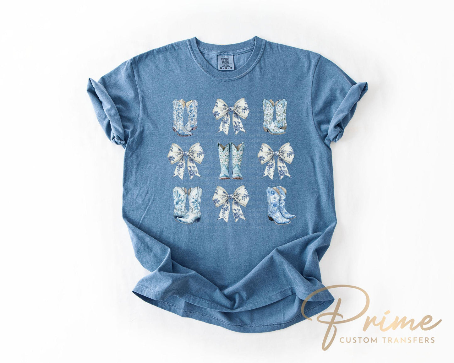 Coquette Cowgirl DTF Transfer, Ready to Press, T-shirt Transfer, Heat Transfer, Direct to Film, Toile Blue Boots and Bows, Girly Western