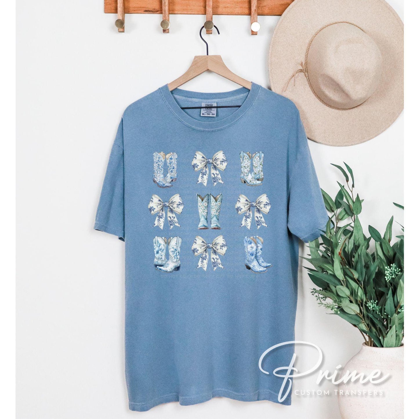 Coquette Cowgirl DTF Transfer, Ready to Press, T-shirt Transfer, Heat Transfer, Direct to Film, Toile Blue Boots and Bows, Girly Western