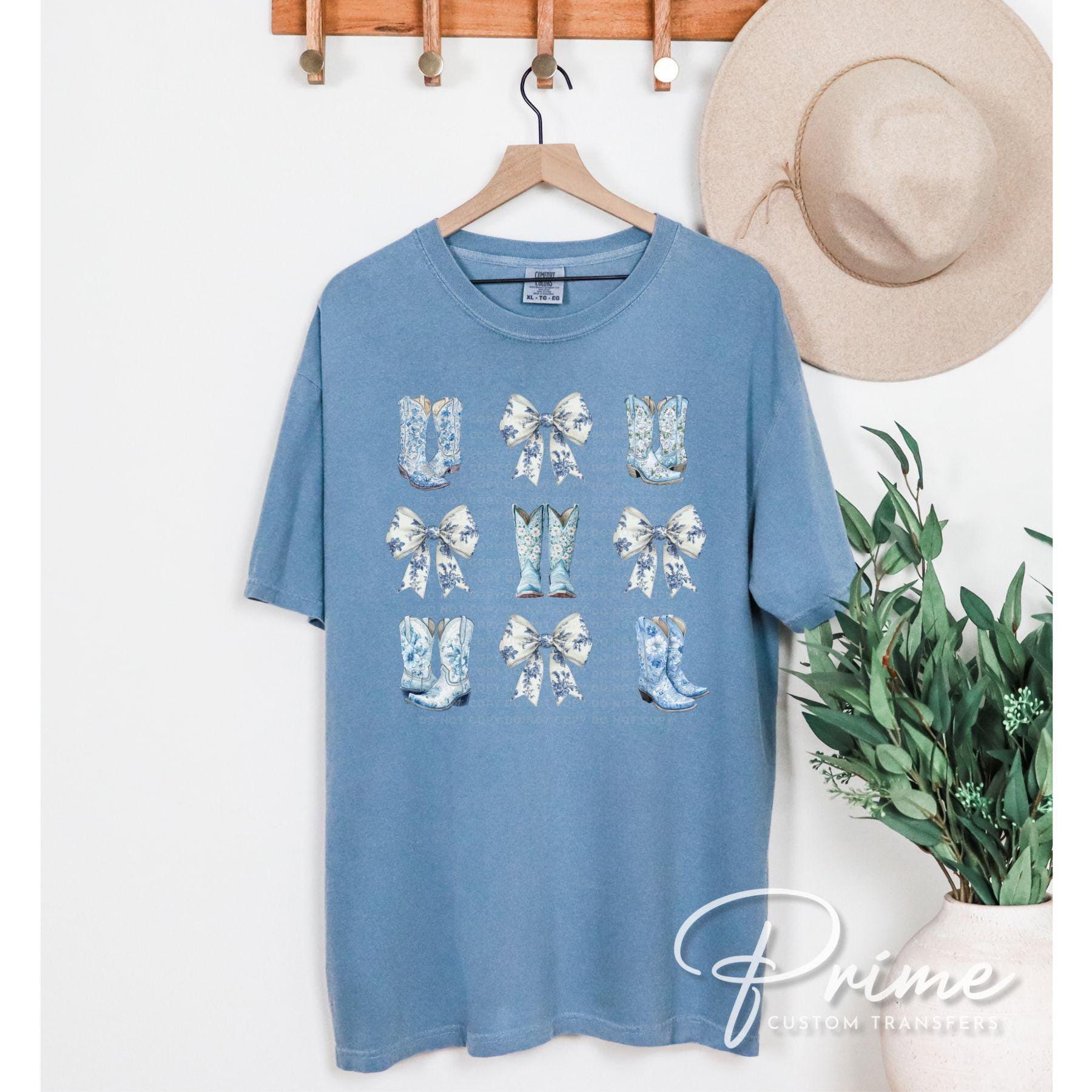 Coquette Cowgirl DTF Transfer, Ready to Press, T-shirt Transfer, Heat Transfer, Direct to Film, Toile Blue Boots and Bows, Girly Western