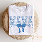 Mother's Day DTF Transfer, Ready to Press, T-shirt Transfer, Heat Transfer, Direct to Film, Gift for Mom Mama Floral Blue Toile Coquette Bow