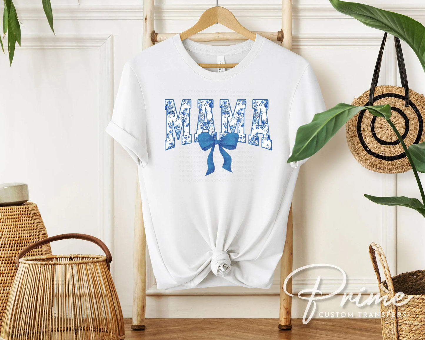 Mother's Day DTF Transfer, Ready to Press, T-shirt Transfer, Heat Transfer, Direct to Film, Gift for Mom Mama Floral Blue Toile Coquette Bow