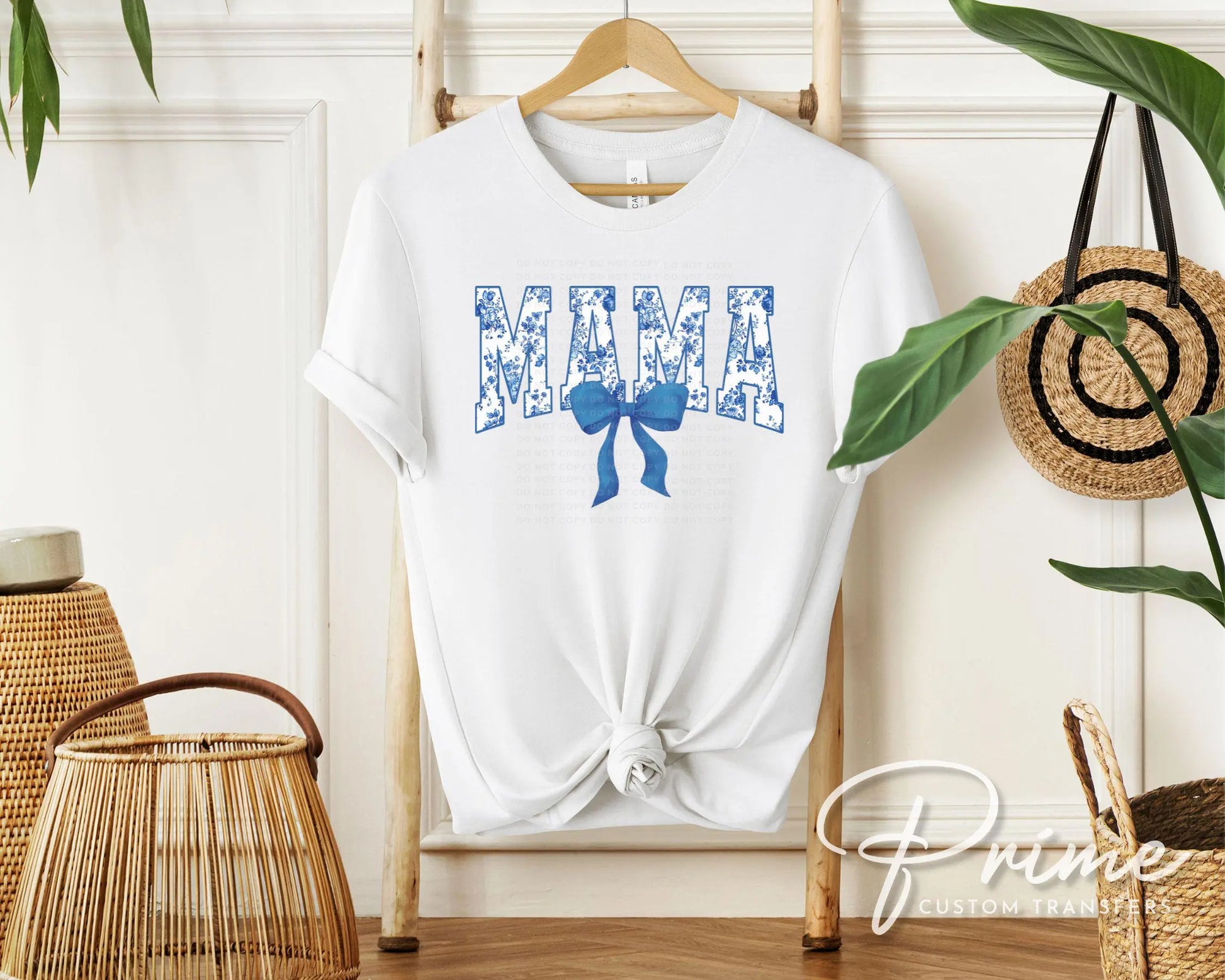 Mother's Day DTF Transfer, Ready to Press, T-shirt Transfer, Heat Transfer, Direct to Film, Gift for Mom Mama Floral Blue Toile Coquette Bow