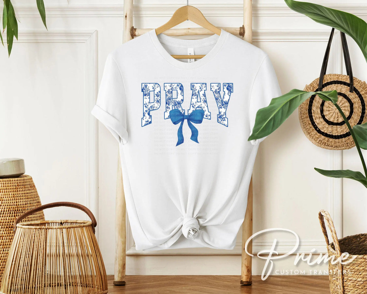Christian DTF Transfer, Ready to Press, T-shirt Transfer, Heat Transfer, Direct to Film, Bible, Faith, Prayer Floral Blue Toile Coquette Bow