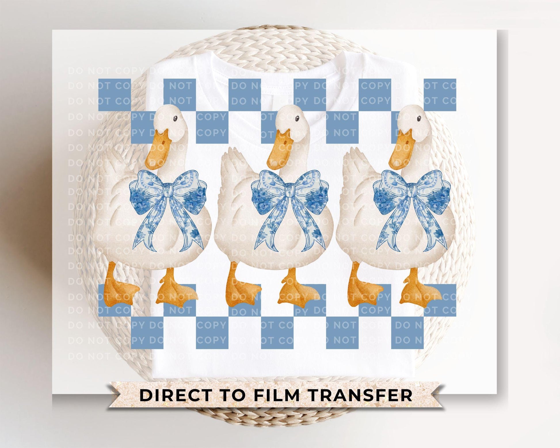 Coquette Goose DTF Transfer, Ready to Press, T-shirt Transfer, Heat Transfer, Direct to Film, Cold Peel, Trendy, Checkered Blue Toile Geese
