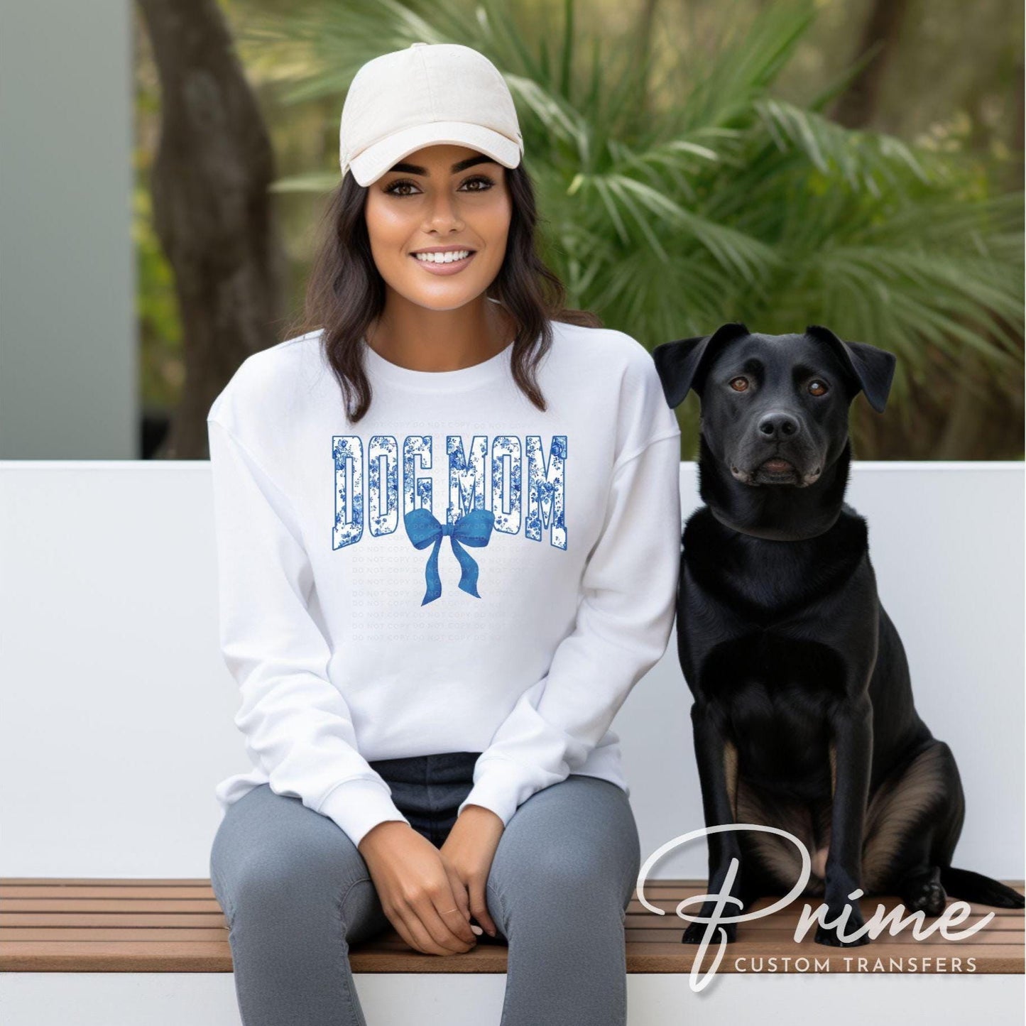 Dog Mom DTF Transfers, Ready to Press, T-shirt Transfers, Heat Transfer, Direct to Film, Pets, Dog, Mama, Floral Blue Toile Coquette Bow