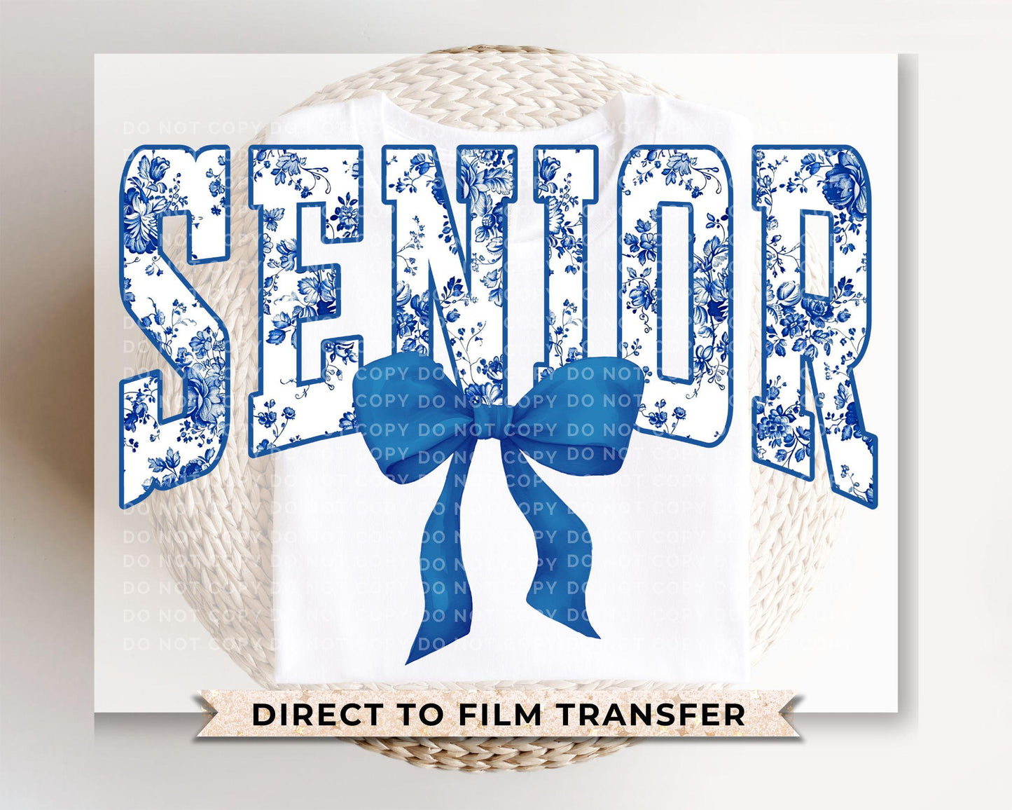Senior DTF Transfer, Ready to Press, T-shirt Transfer, Direct to Film, High School Graduation, Blue Toile Coquette Bow Senior Class 2025
