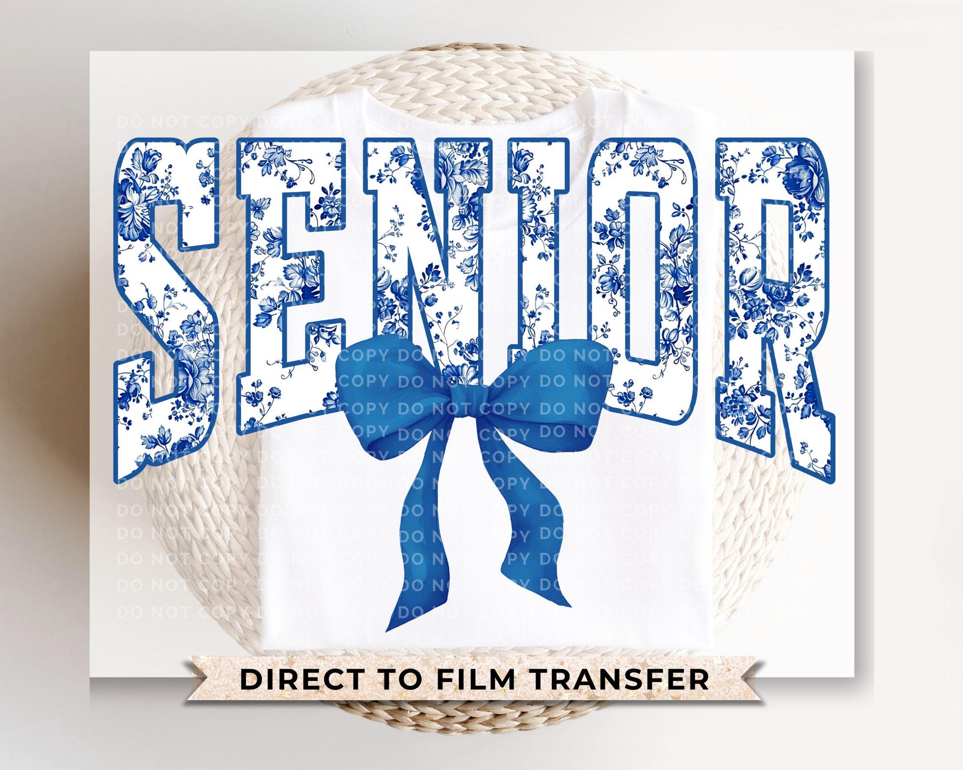 Senior DTF Transfer, Ready to Press, T-shirt Transfer, Direct to Film, High School Graduation, Blue Toile Coquette Bow Senior Class 2025