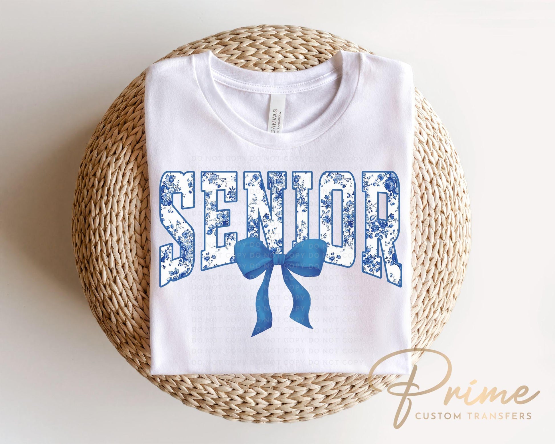 Senior DTF Transfer, Ready to Press, T-shirt Transfer, Direct to Film, High School Graduation, Blue Toile Coquette Bow Senior Class 2025