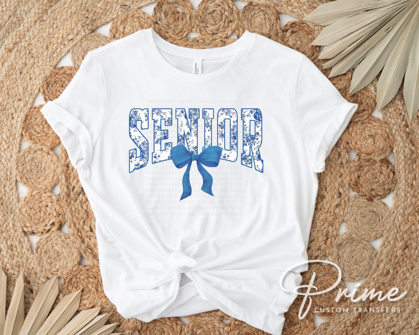Senior DTF Transfer, Ready to Press, T-shirt Transfer, Direct to Film, High School Graduation, Blue Toile Coquette Bow Senior Class 2025