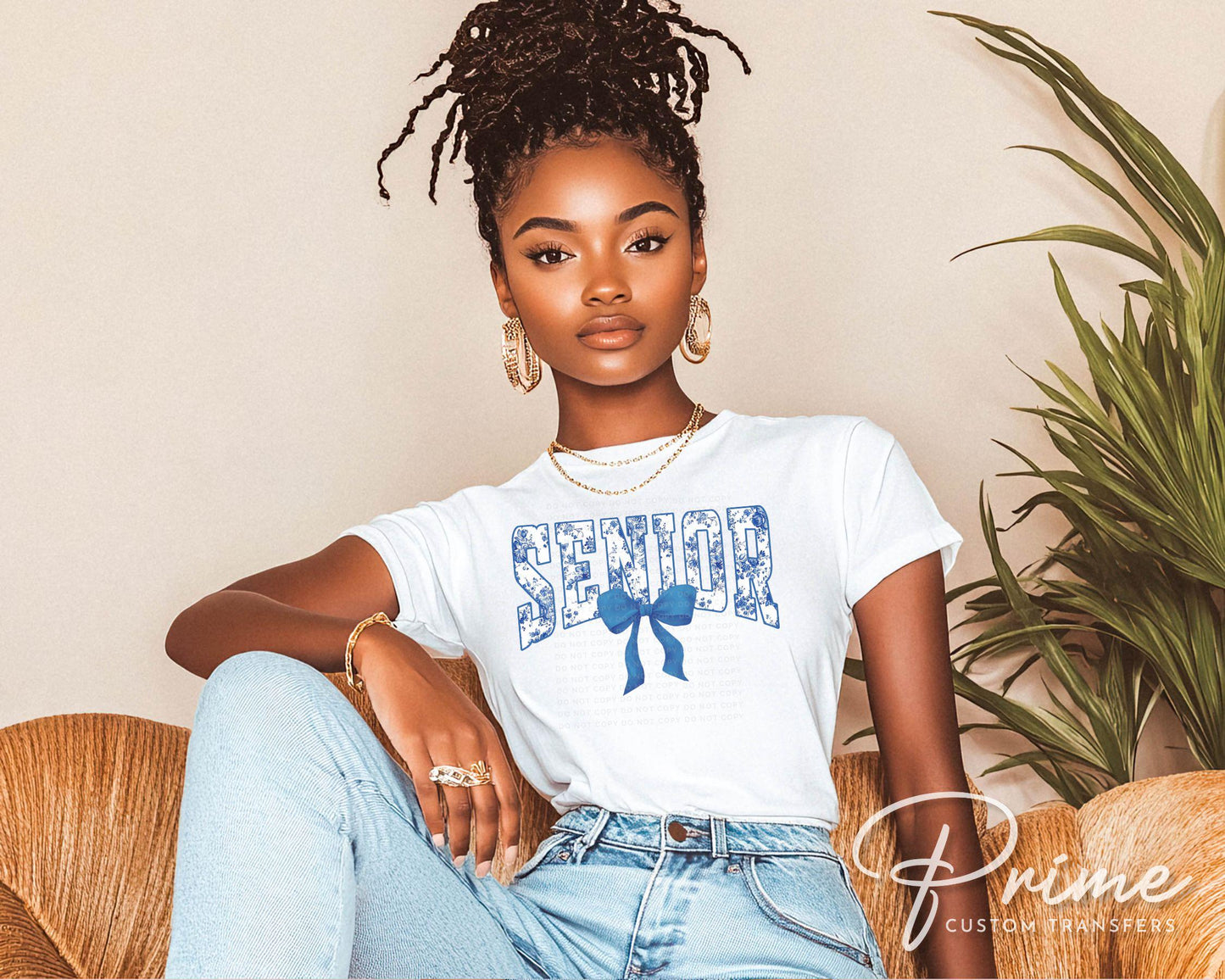 Senior DTF Transfer, Ready to Press, T-shirt Transfer, Direct to Film, High School Graduation, Blue Toile Coquette Bow Senior Class 2025