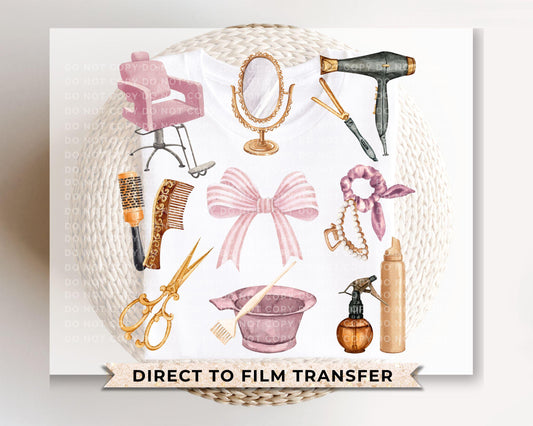 Hairstylist DTF Transfers, Ready to Press, T-shirt Transfers, Heat Transfer, Direct to Film, Salon, Coquette, Hair Dresser, Comb, Blow Dryer