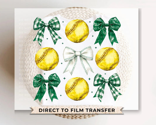 Softball DTF Transfers, Ready to Press, T-shirt Transfers, Heat Transfer, Direct to Film, Sports Mom, Softballs and Green Bows, Coquette