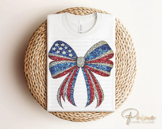 4th of July DTF Transfers, Ready to Press, T-shirt Transfers, Heat Transfer, Direct to Film, Memorial Day, USA, Faux Rhinestone Coquette Bow